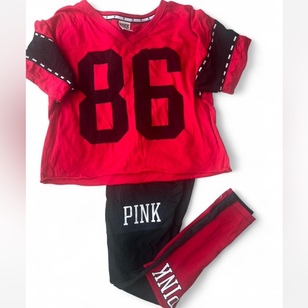PINK Victoria's Secret High Waist Mesh Leggings & Jersey Top Red & Black SET